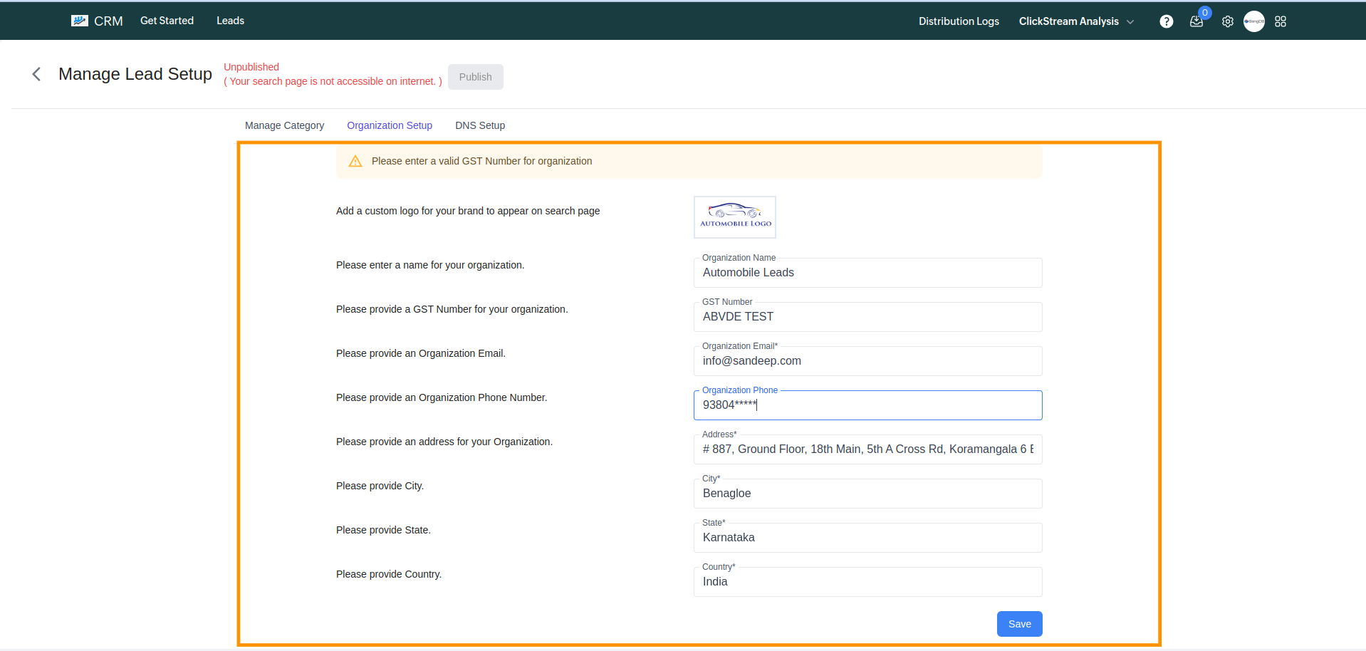 Fill Organization Details